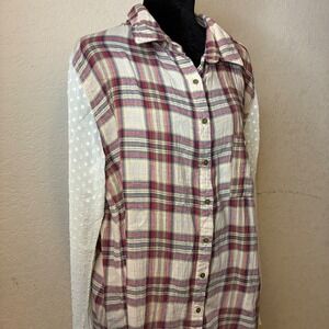 Free People Maroon Off White Plaid Button Shirt Lace Sleeves US Large Cabincore